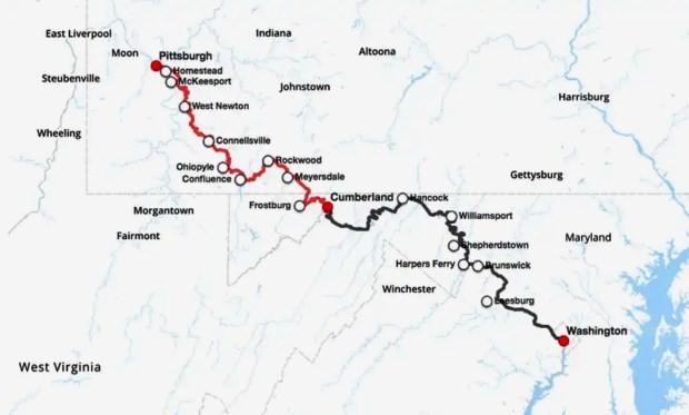The GAP, in red, begins in Pittsburgh and ends in Cumberland, Maryland. The C&O (in black) picks up from there and finishes in Washington, D.C.